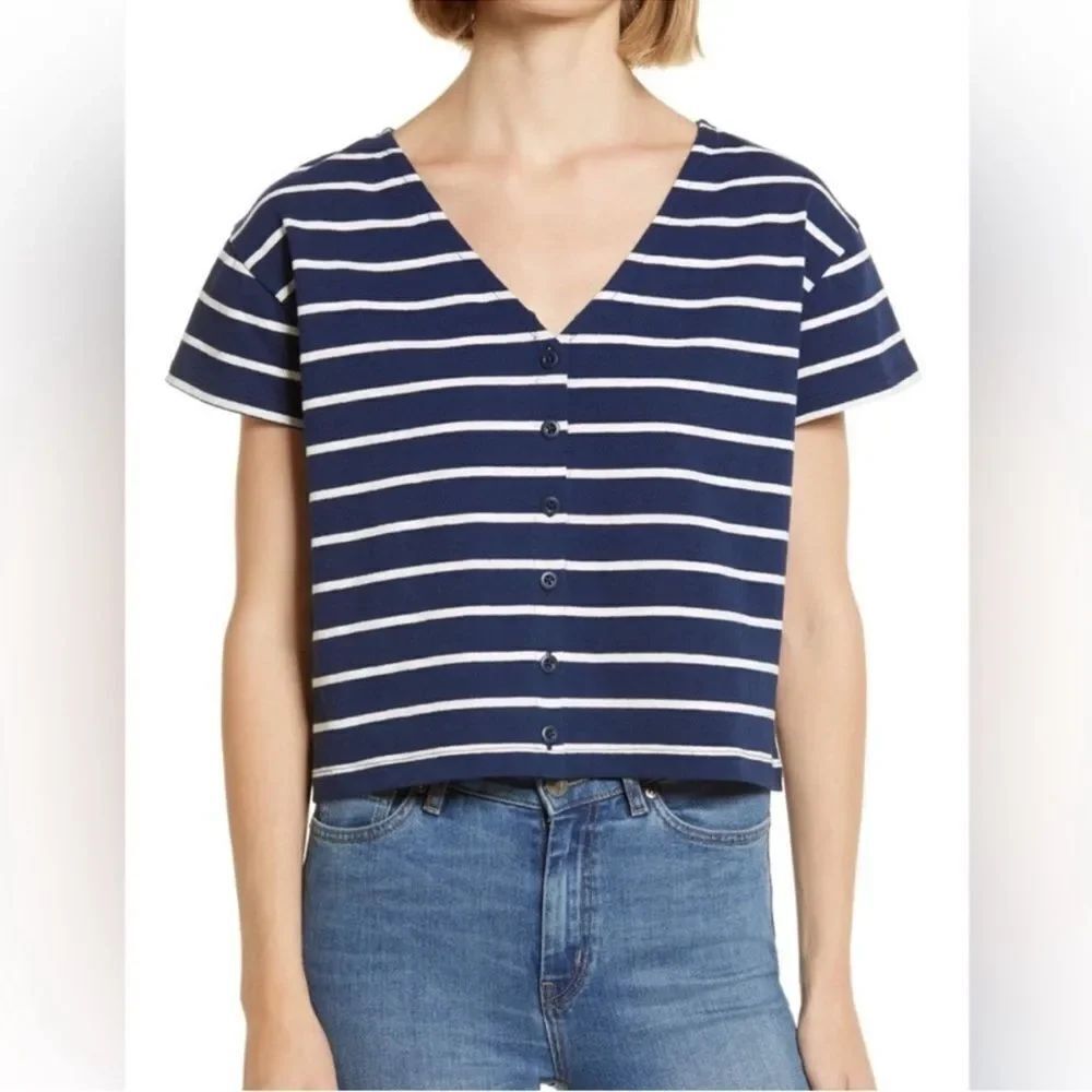 Madewell V-Neck Striped Boxy Crop Tee NEW Size Small Navy Blue White